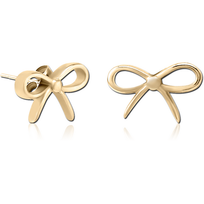 ZIRCON GOLD PVD COATED SURGICAL STEEL EAR STUDS PAIR - BOW