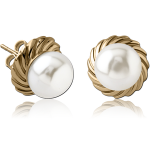 ZIRCON GOLD PVD COATED SURGICAL STEEL EAR STUDS PAIR WITH SYNTATIC PEARL - FILIGREE