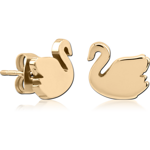 ZIRCON GOLD PVD COATED SURGICAL SURGICAL STEEL EAR STUDS PAIR - SWAN