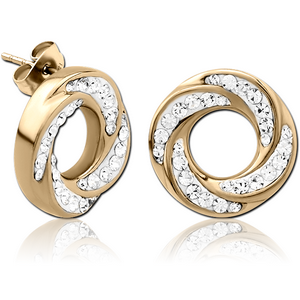 ZIRCON GOLD PVD COATED SURGICAL STEEL CRYSTALINE JEWELLED EAR STUDS PAIR - SPIRAL