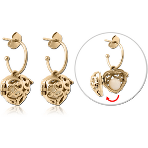 ZIRCON GOLD PVD COATED SURGICAL STEEL EAR STUDS PAIR - HEART LOCKET