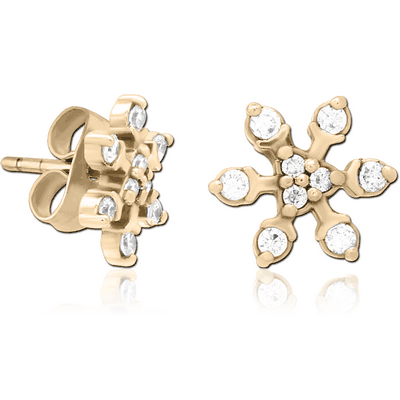 ZIRCON GOLD PVD COATED SURGICAL STEEL JEWELLED EAR STUDS PAIR - SNOWFLAKE