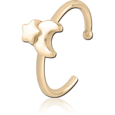 ZIRCON GOLD PVD COATED SURGICAL STEEL OPEN NOSE RING - CRESCENT AND STAR