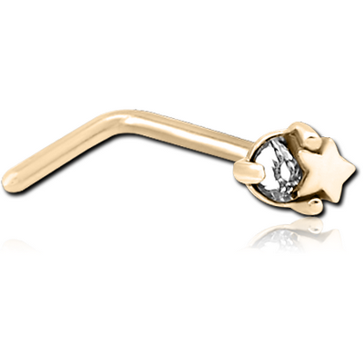 ZIRCON GOLD PVD COATED SURGICAL STEEL 90 DEGREE JEWELLED NOSE STUD