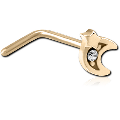 ZIRCON GOLD PVD COATED SURGICAL STEEL 90 DEGREE JEWELLED NOSE STUD - CRESCENT AND STAR