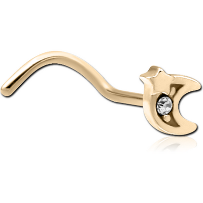 ZIRCON GOLD PVD COATED SURGICAL STEEL CURVED JEWELLED NOSE STUD - CRESCENT AND STAR