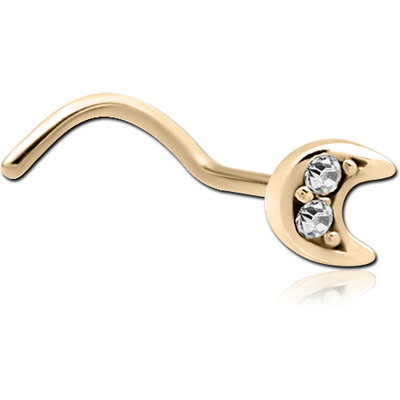 ZIRCON GOLD PVD COATED SURGICAL STEEL CURVED JEWELLED NOSE STUD - CRESCENT