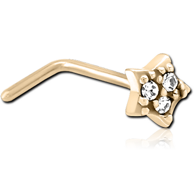 ZIRCON GOLD PVD COATED SURGICAL STEEL 90 DEGREE JEWELLED NOSE STUD - STAR