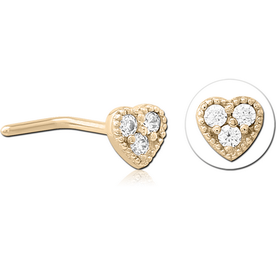 ZIRCON GOLD PVD COATED SURGICAL STEEL 90 DEGREE JEWELLED NOSE STUD - HEART