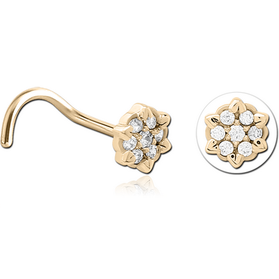 ZIRCON GOLD PVD COATED SURGICAL STEEL CURVED JEWELLED NOSE STUD - FLOWER