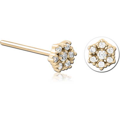 ZIRCON GOLD PVD COATED SURGICAL STEEL STRAIGHT JEWELLED NOSE STUD - FLOWER