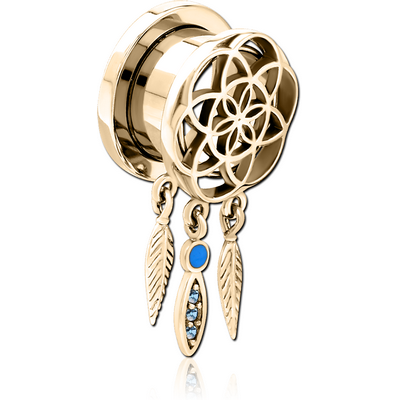 ZIRCON GOLD PVD COATED STAINLESS STEEL THREADED TUNNEL WITH SURGICAL STEEL JEWELLED TOP