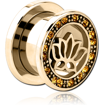 ZIRCON GOLD PVD COATED STAINLESS STEEL THREADED TUNNEL WITH SURGICAL STEEL JEWELLED TOP