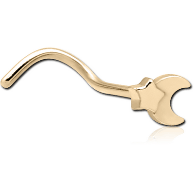 ZIRCON GOLD PVD COATED SURGICAL STEEL CURVED NOSE STUD - CRESEENT AND STAR