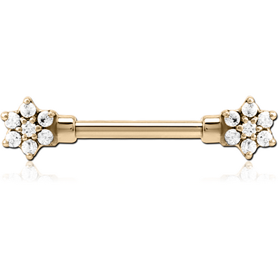 ZIRCON GOLD PVD COATED SURGICAL STEEL JEWELLED NIPPLE BAR - FLOWER
