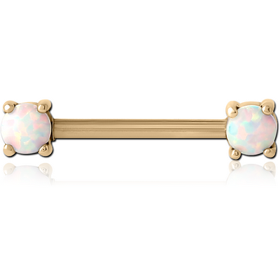 ZIRCON GOLD PVD COATED SURGICAL STEEL EXTERNAL THREADED SYNTHETIC OPAL NIPPLE BAR