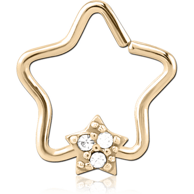 ZIRCON GOLD PVD COATED SURGICAL STEEL JEWELLED OPEN STAR SEAMLESS RING - STAR PRONGS