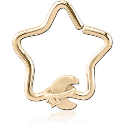 ZIRCON GOLD PVD COATED SURGICAL STEEL OPEN STAR SEAMLESS RING - ANNULAR ECLIPSE AND STAR