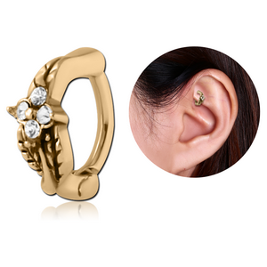 ZIRCON GOLD PVD COATED SURGICAL STEEL JEWELLED ROOK CLICKER - LEAF