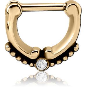 ZIRCON GOLD PVD COATED SURGICAL STEEL ROUND JEWELLED HINGED SEPTUM CLICKER
