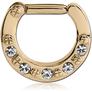 ZIRCON GOLD PVD COATED SURGICAL STEEL ROUND JEWELLED HINGED SEPTUM CLICKER
