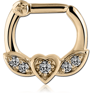 ZIRCON GOLD PVD COATED SURGICAL STEEL WINGED HEART PRONG SET JEWELLED HINGED SEPTUM CLICKER