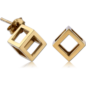 STERLING SILVER 925 ZIRCON GOLD PVD COATED EAR STUDS PAIR - 3D CUBE
