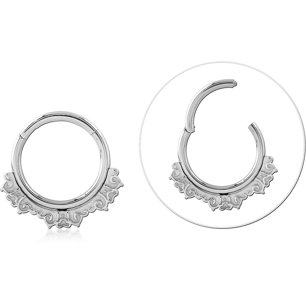 SURGICAL STEEL HINGE SEGMENT RING ORNATE FILIGREE SCROLL EDGE DESIGN