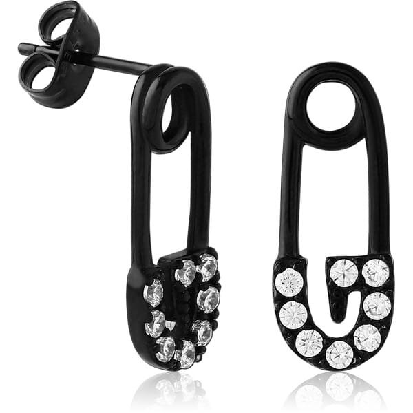 BLACK PVD COATED SURGICAL STEEL JEWELLED EAR STUDS PAIR