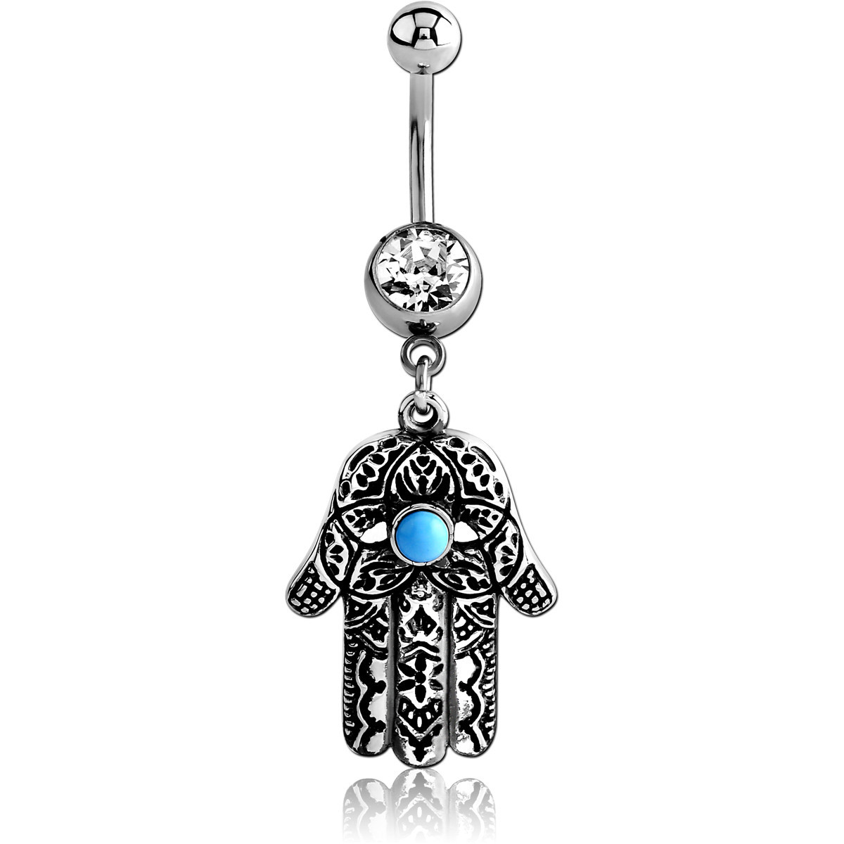SURGICAL STEEL JEWELED NAVEL BANANA WITH DANGLING CHARM - HAMSA HAND