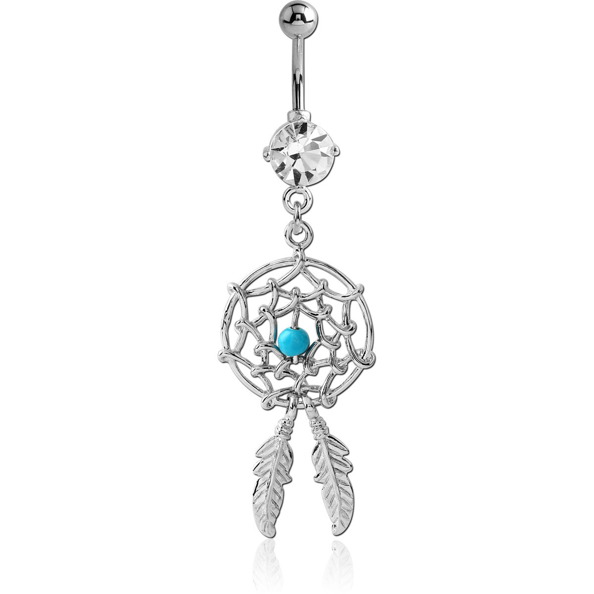 RHODIUM PLATED BRASS JEWELLED NAVEL BANANA WITH DANGLING CHARM - DREAMCATCHER FEATHER