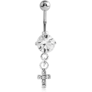 RHODIUM PLATED BRASS JEWELLED NAVEL BANANA WITH DANGLING CHARM - CROSS