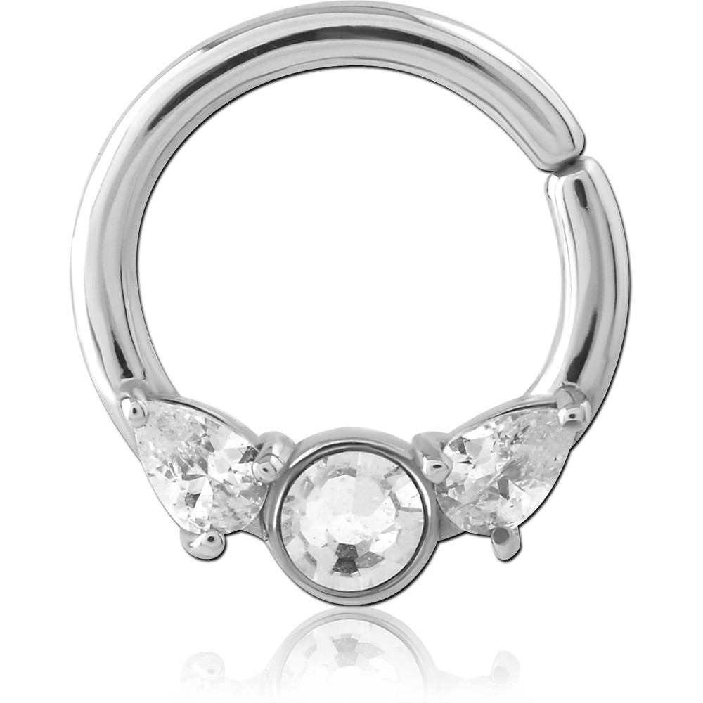 SURGICAL STEEL SEAMLESS RING TRIPLE CLEAR GEMS WITH PEAR SIDE STONES