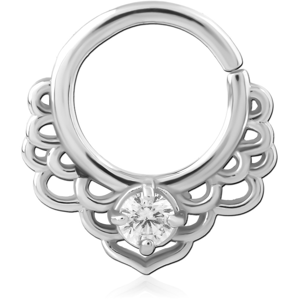 SURGICAL STEEL SEAMLESS RING FAN FILIGREE WITH CENTER CLEAR GEM