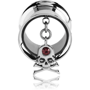 SURGICAL STEEL DOUBLE FLARED TUNNEL WITH SKULL CROSSBONES CHARMS