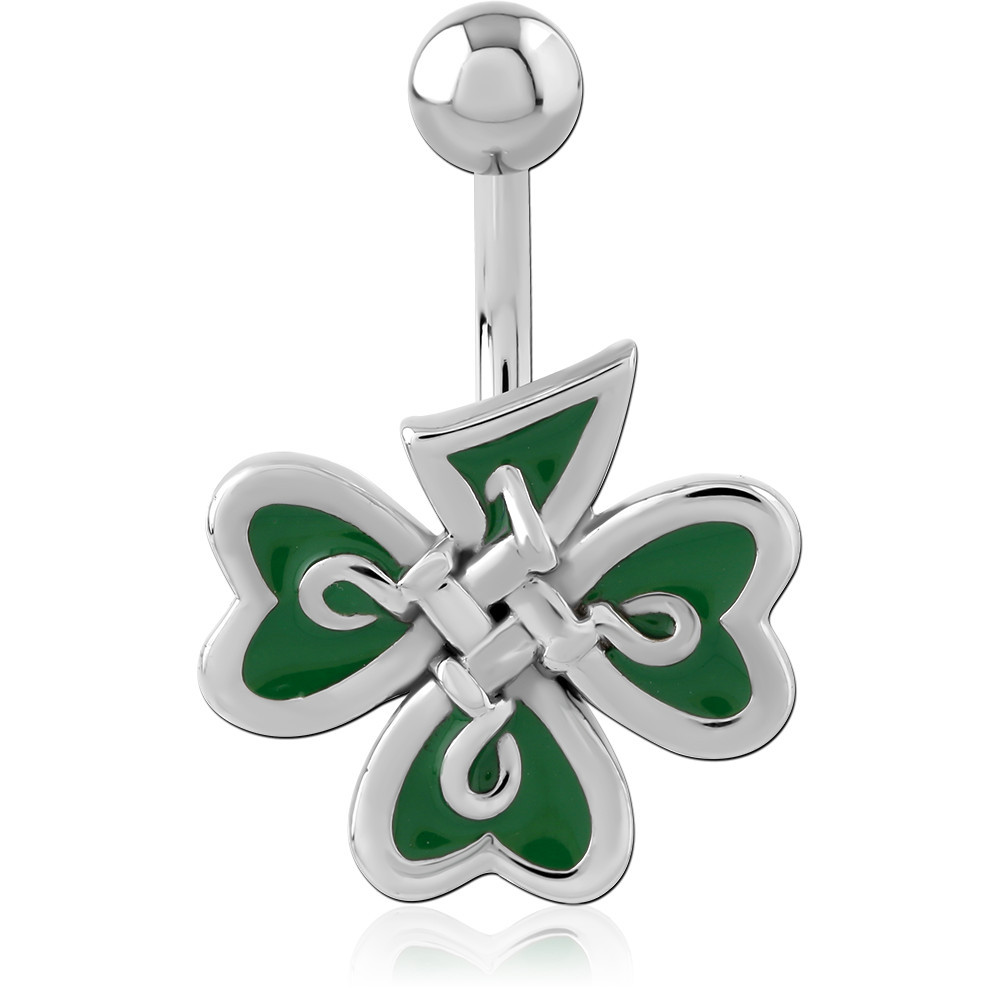 SURGICAL STEEL NAVEL BANANA GREEN ENAMEL CELTIC KNOT WITH SHAMROCK CHARM