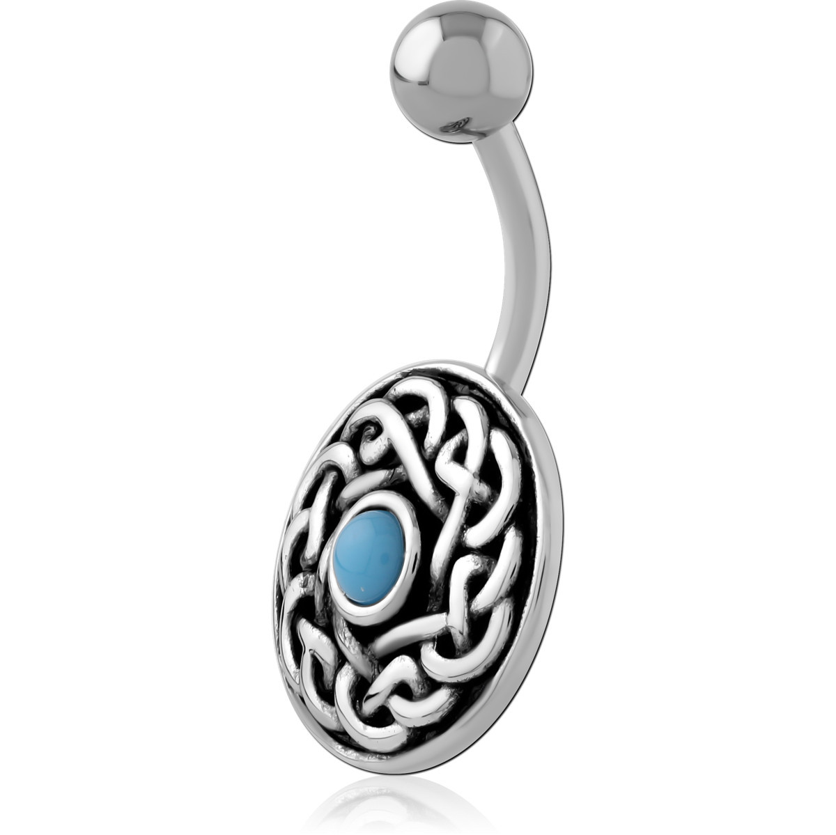 SURGICAL STEEL NAVEL BANANA BLUE CABOCHON WITH CELTIC KNOT CHARM