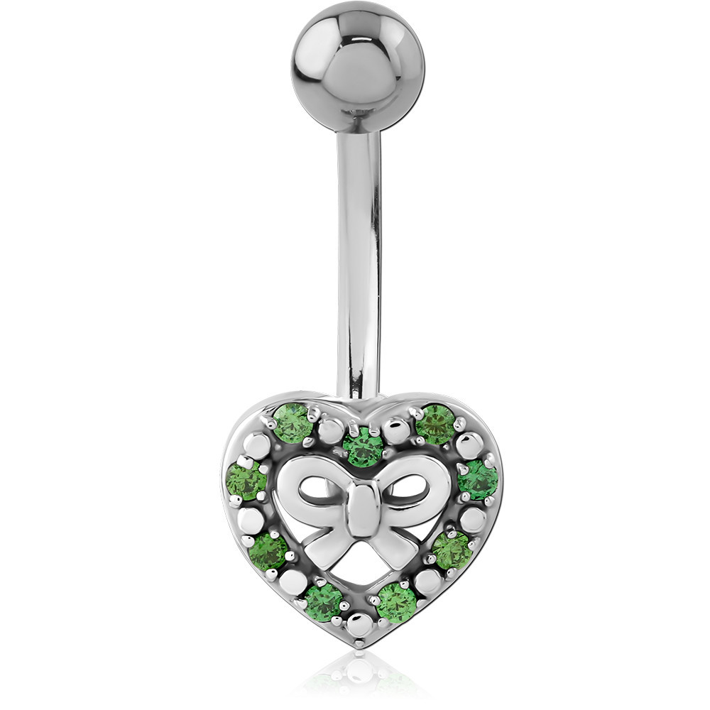 SURGICAL STEEL NAVEL BANANA GREEN GEMS WITH HEART AND BOW CHARM