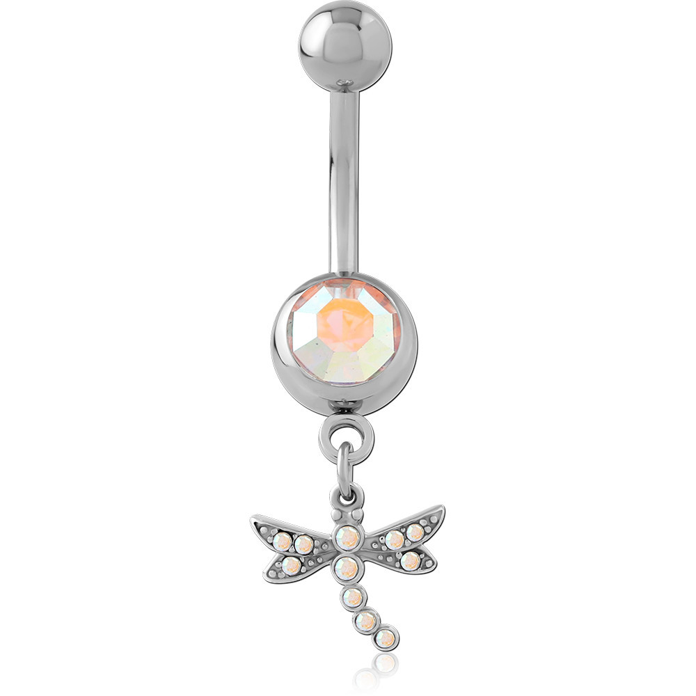 SURGICAL STEEL NAVEL BANANA JEWELLED TOP WITH DRAGONFLY DANGLE CHARM RED GEMS