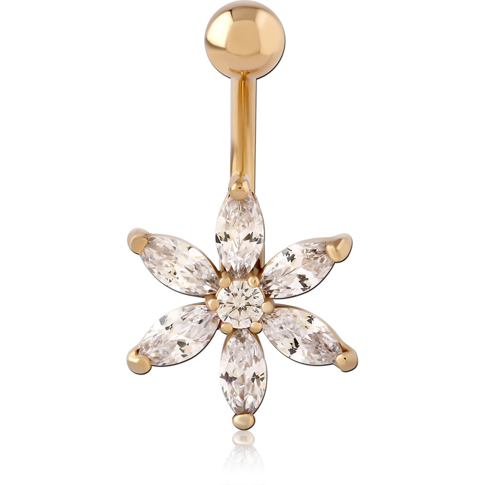 GOLD PVD 18K COATED SURGICAL STEEL NAVEL BANANA MARQUISE FLOWER GEM WITH TEARDROP CHARM