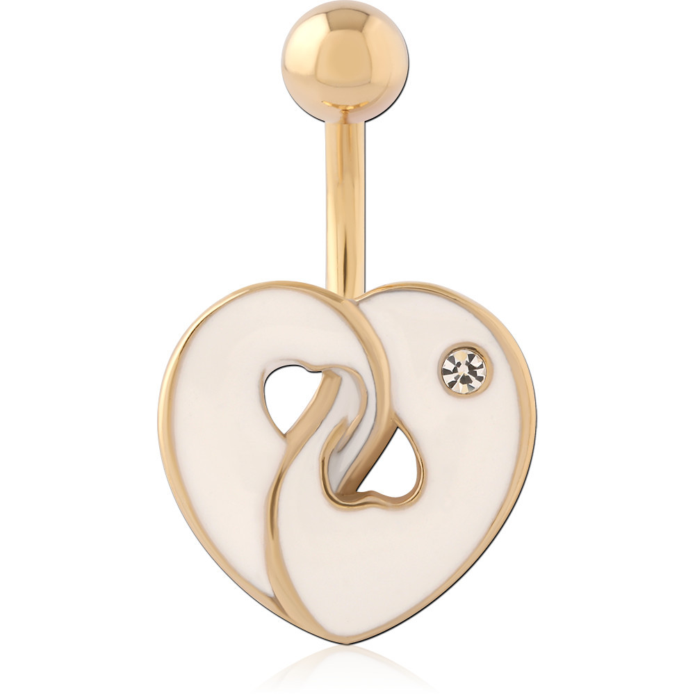 GOLD PVD 18K COATED SURGICAL STEEL NAVEL BANANA HEART WHITE ENAMEL INLAY