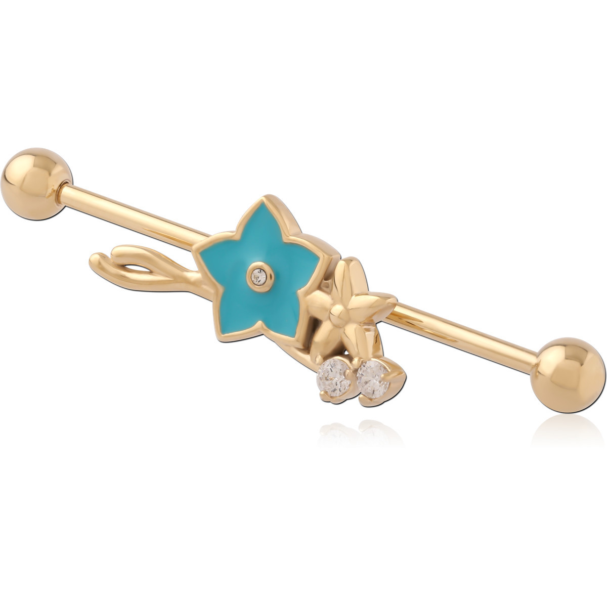 316L GOLD PVD 18K COATED SURGICAL STEEL INDUSTRIAL BARBELL WITH SLIDING CHARM