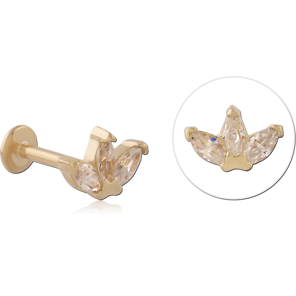 GOLD PVD 18K COATED SURGICAL STEEL INTERNAL LABRET TRIPLE MARQUISE FAN