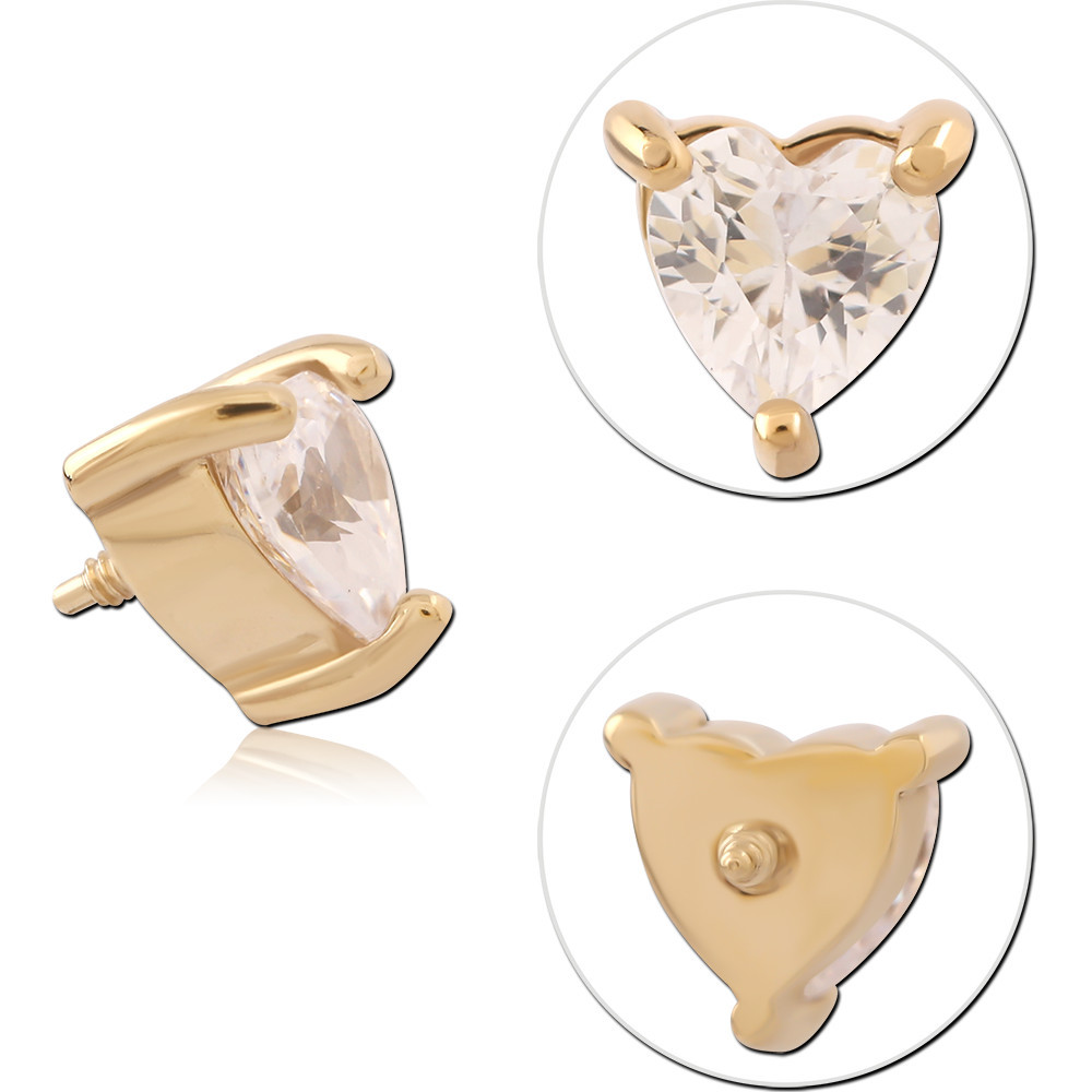 316L GOLD PVD 18K COATED SURGICAL STEEL INTERNAL THREADED TOP HEART GEM CLOSED BACK