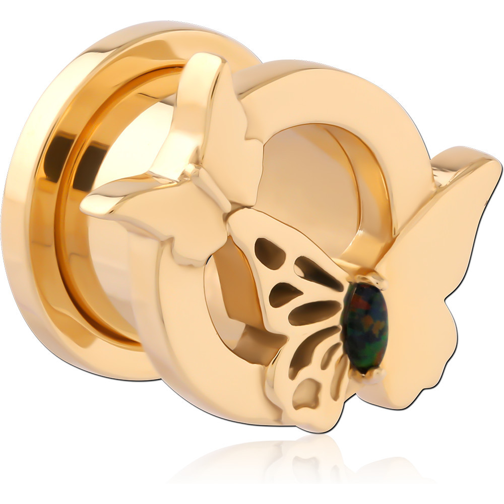 GOLD PVD 18K COATED STAINLESS STEEL TUNNEL BUTTERFLY CUTOUT WITH OPAL