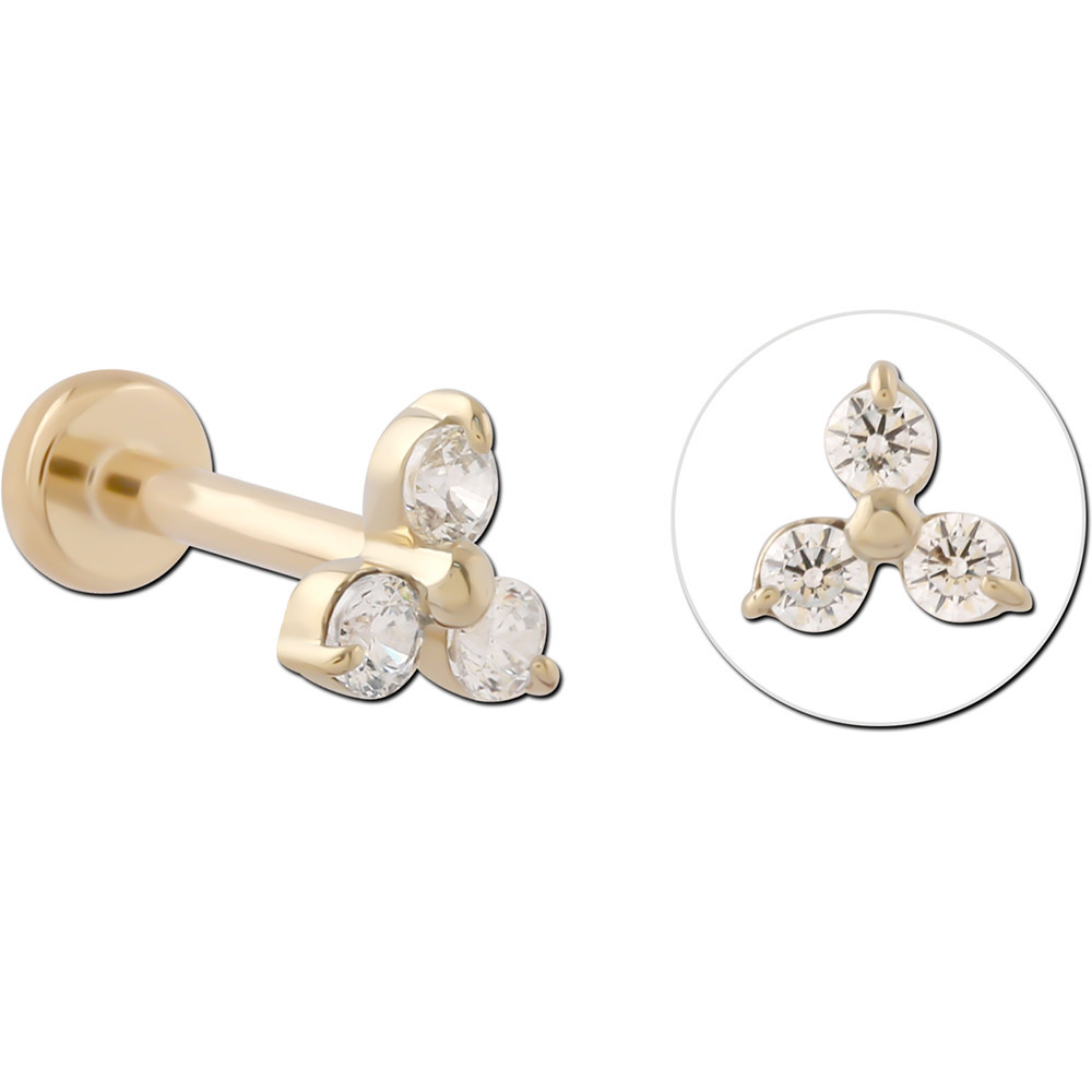 14K YELLOW GOLD TOP WITH GOLD PVD COATED TITANIUM THREADLESS LABRET TRINITY GEM CLUSTER