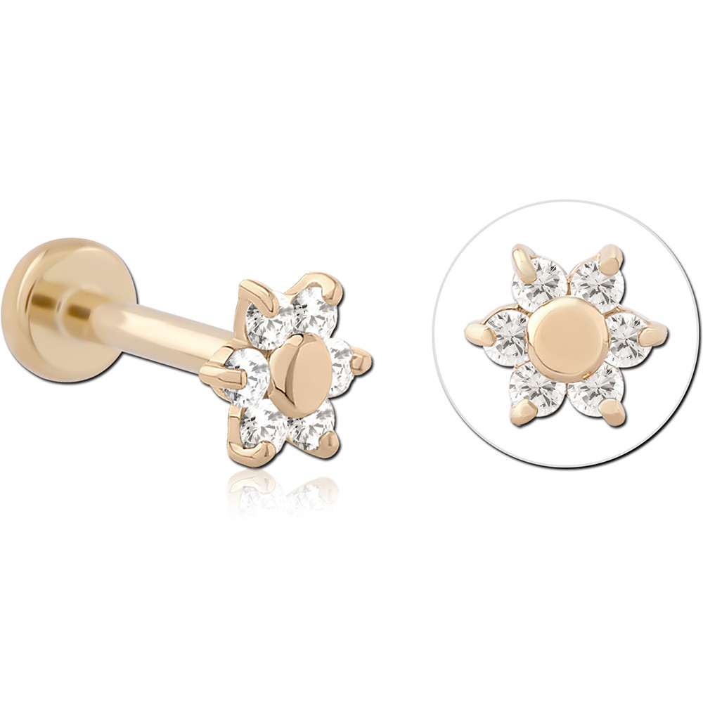 14K YELLOW GOLD TOP WITH GOLD PVD COATED TITANIUM THREADLESS LABRET FLOWER GEM PETALS