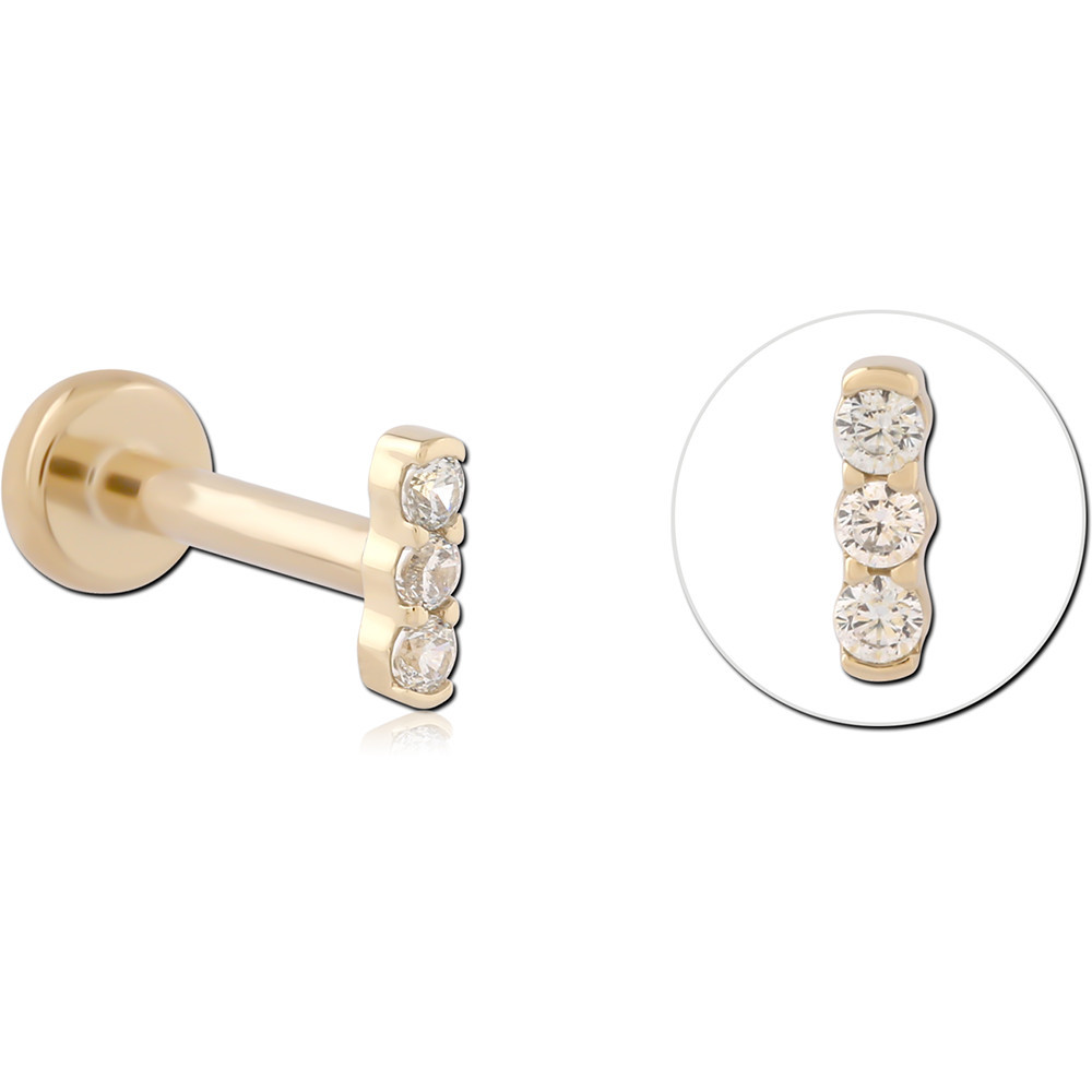 14K YELLOW GOLD THREADLESS LABRET TRIPLE ROUND GEM VERTICAL BAR CLUSTER