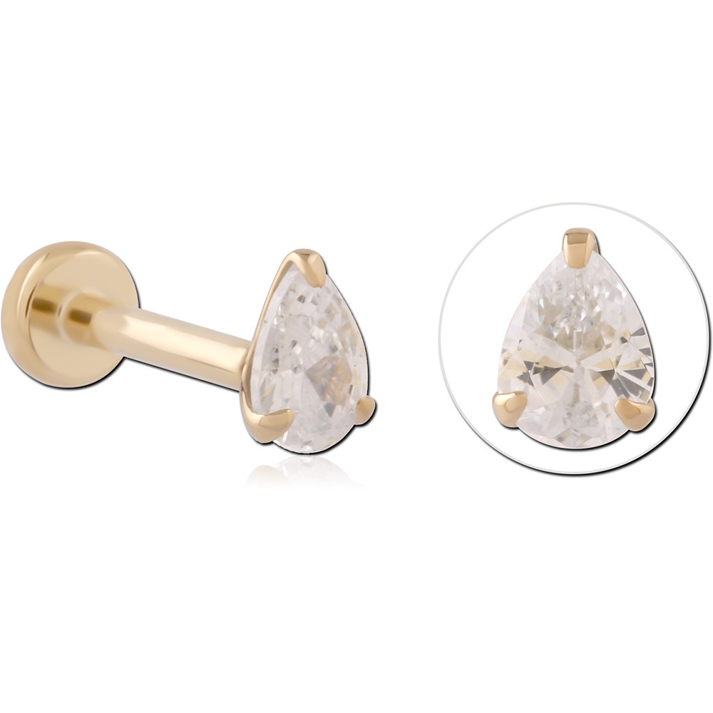 14K YELLOW GOLD THREADLESS LABRET PEAR GEM SOLITAIRE CLASSIC DESIGN