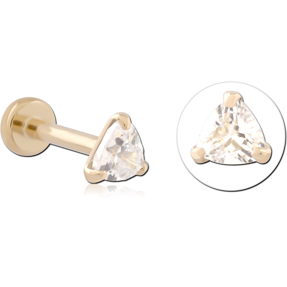 14K YELLOW GOLD THREADLESS LABRET TRIANGLE GEM SOLITAIRE CLASSIC DESIGN